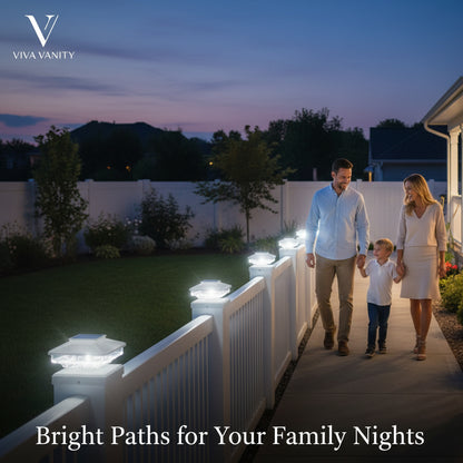Solar-powered outdoor lights on steps with a blurred background