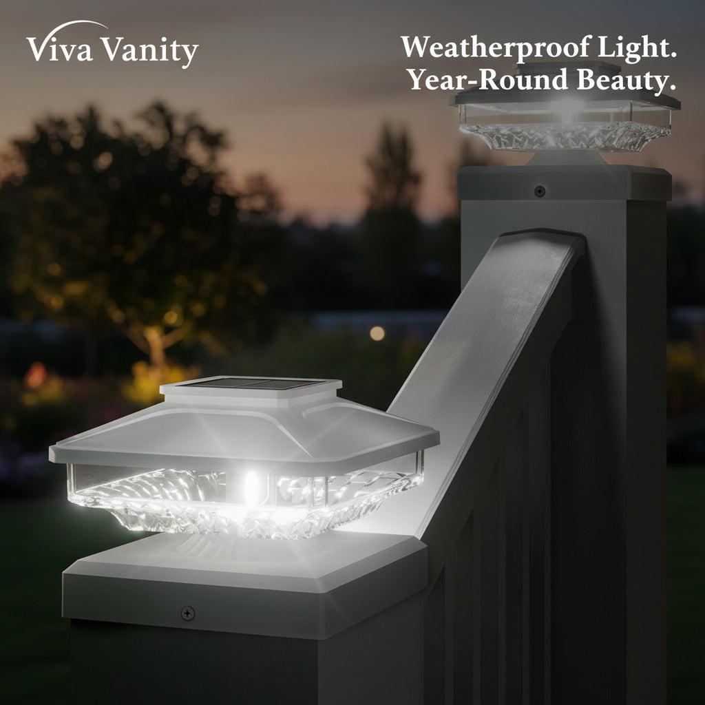 Solar-powered outdoor lights on steps with a blurred background