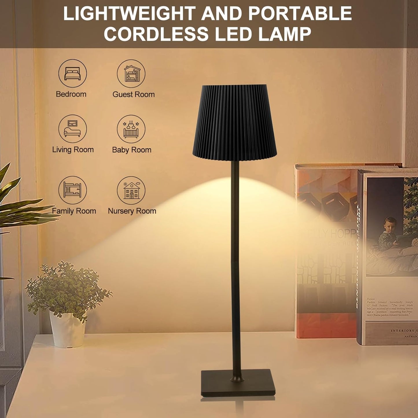 Black cordless LED lamp on a table with room icons above it