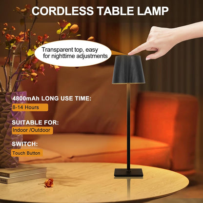 Cordless table lamp with text highlighting features on a table.