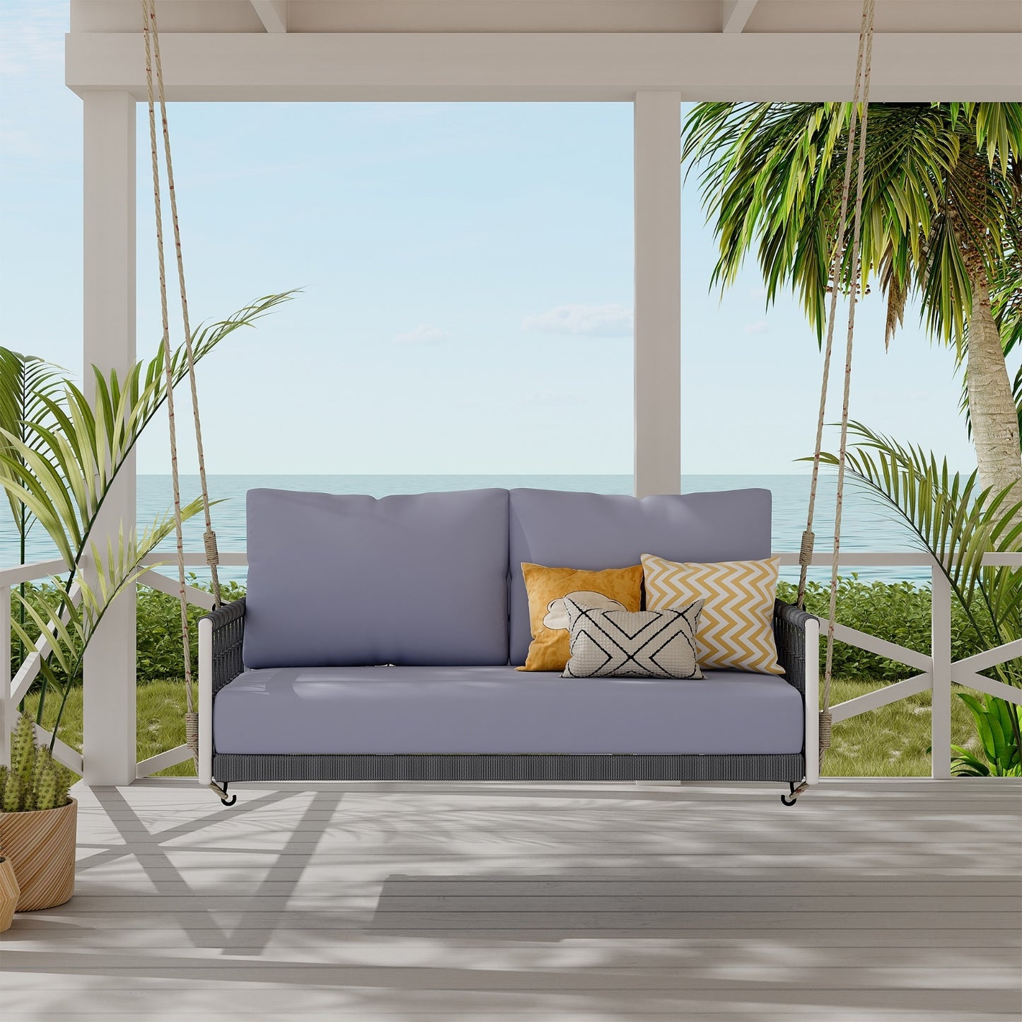 TREXM 1-Piece Woven Rope Outdoor Swing Sofa With Soft Cushions Seating 2 For Patio, Courtyard And Ba