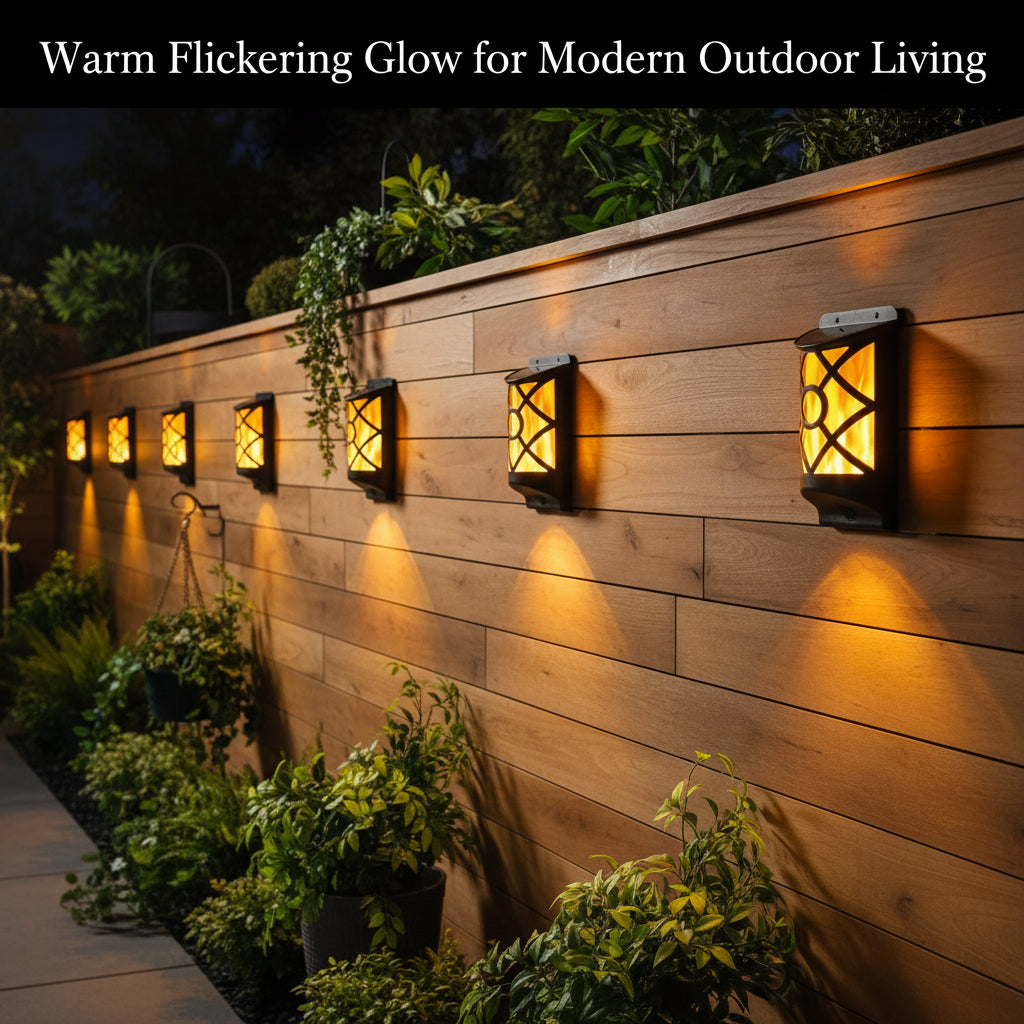 Outdoor wall lights on a wooden fence with plants around, creating a warm flickering glow.