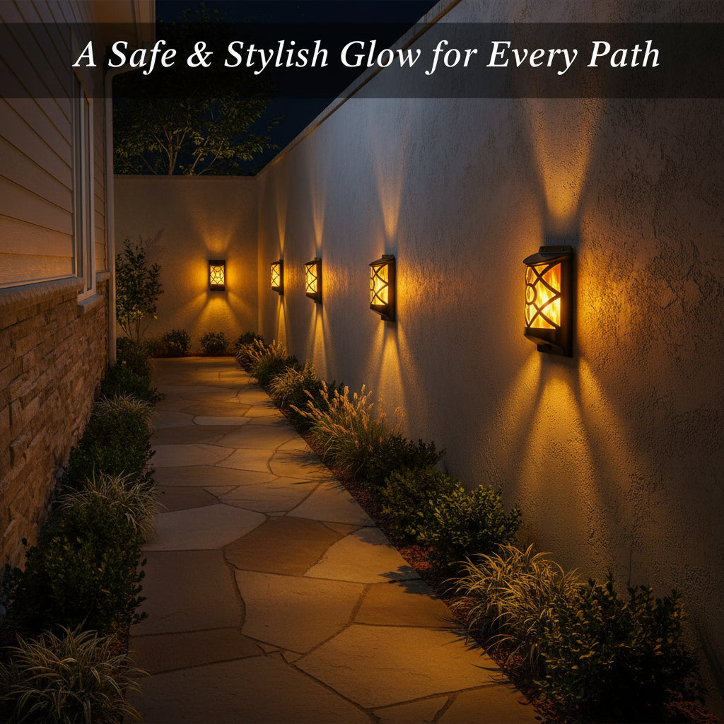 Outdoor pathway with wall-mounted lights casting a warm glow.