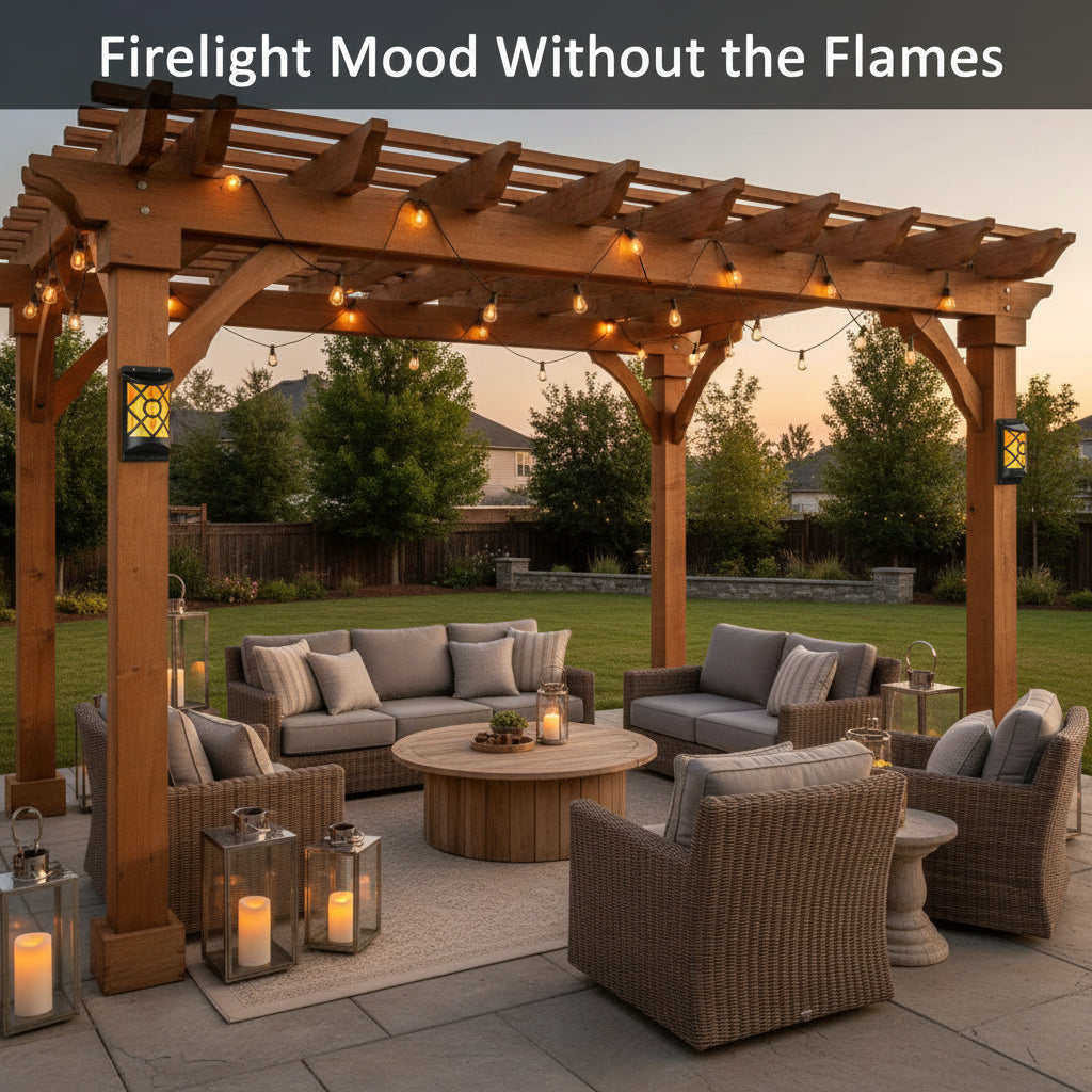 Outdoor patio with wooden pergola, furniture, and lanterns in a backyard setting.