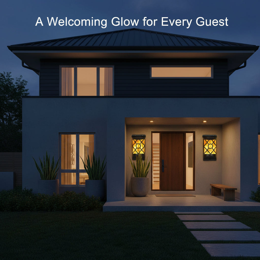 Modern house exterior with welcoming lights at night