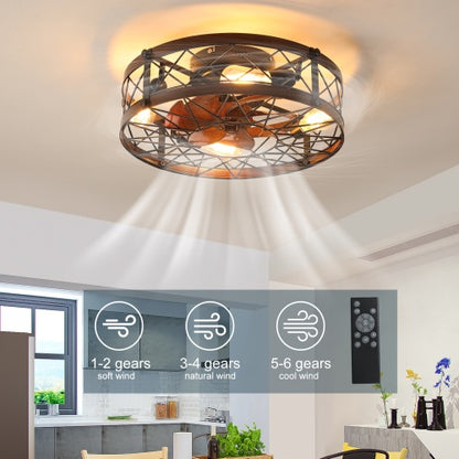 Viva Elite Farmhouse Cage Ceiling Fan with Light - 20" Black Semi-Flush with Remote