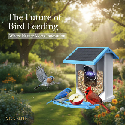 A smart bird feeder with a camera attached to the top, shown with a blue roof and a solar panel on top. The feeder is open, and there are bird food inside.