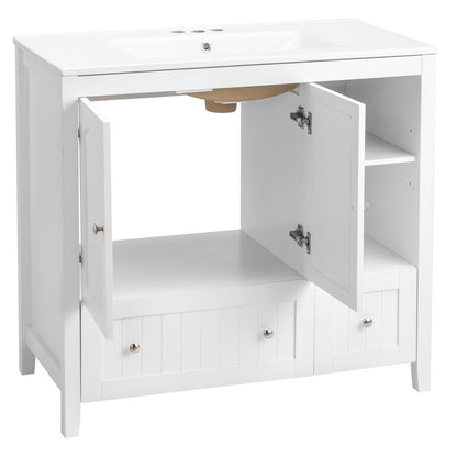 White MDF Painted Double Door Double Drawer With Masking Strip Basin Cabinet 91x46x82cm