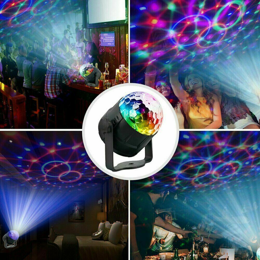 Collage of disco ball projector in various settings with colorful light effects.