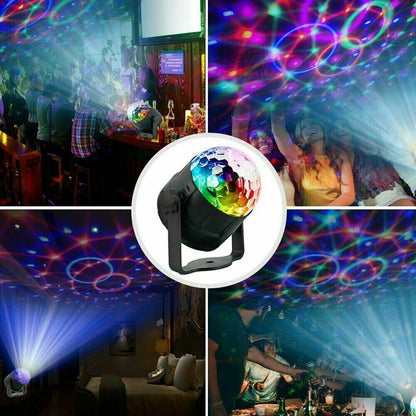 Collage of disco ball projector in various settings with colorful light effects.