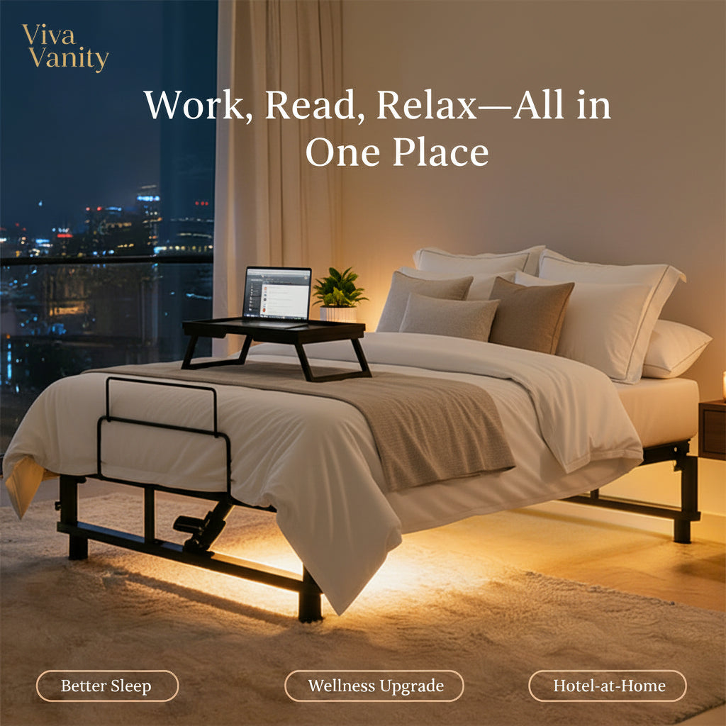 Woman using a smartphone on a Viva Vanity adjustable bed with cityscape view