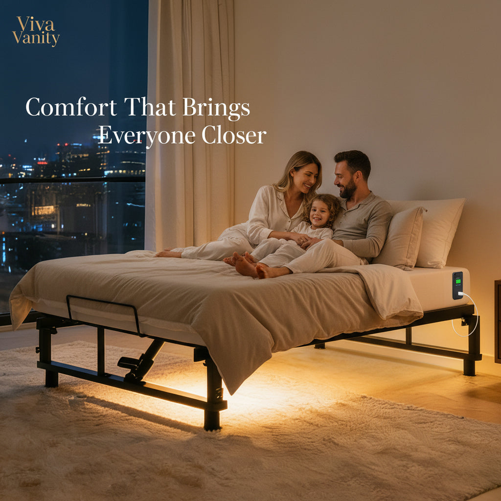 Viva Elite Adjustable Bed Base Frame Queen - Head Foot Incline Angles Dimensions Diagram - White Background