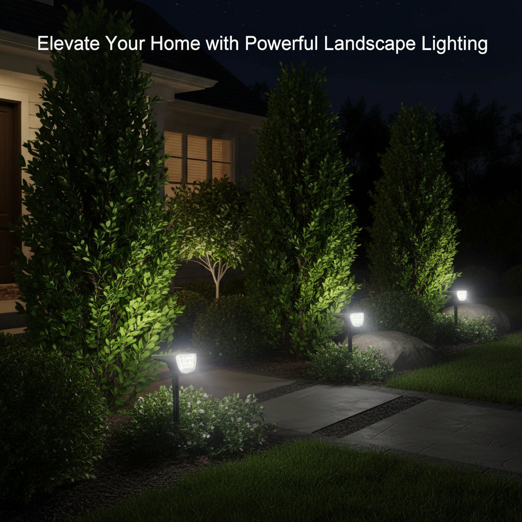 Two solar-powered outdoor lights with black stakes on a white background