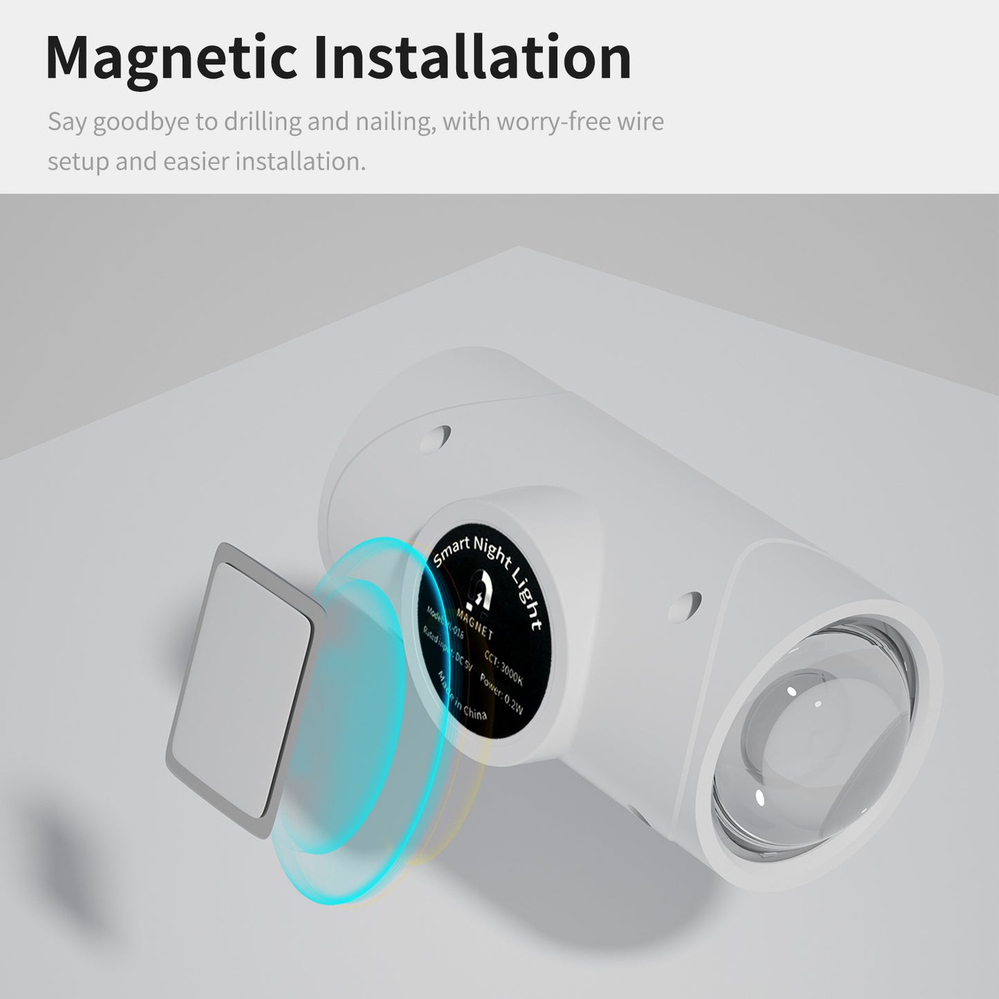 Smart night light with magnetic installation feature on a gray background
