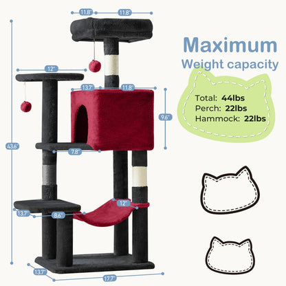 44-Inch Multi-Cat Tree Tower with Sisal Scratching Posts, Hammock & Extended Platforms