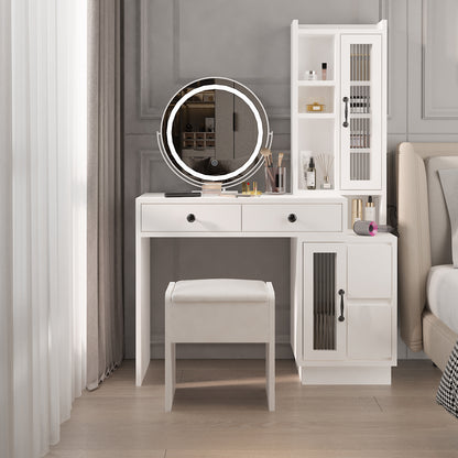 A white dressing table set with 4 drawers, a mirror, and a stool. The table has a sleek design with a glass mirror and wooden legs.