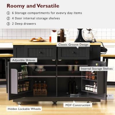 Viva Atelier Renaissance XL Large Kitchen Island Cart with Power Outlet & Bar Stools