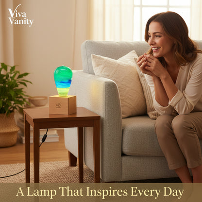 Colorful glass sculpture on a wooden base with a dark background