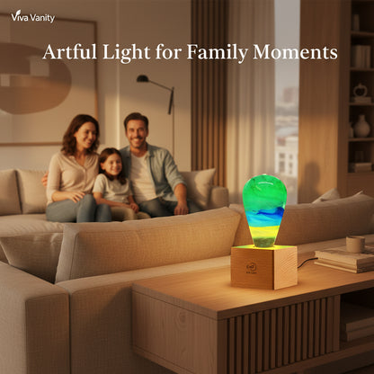 Colorful glass sculpture on a wooden base with a dark background