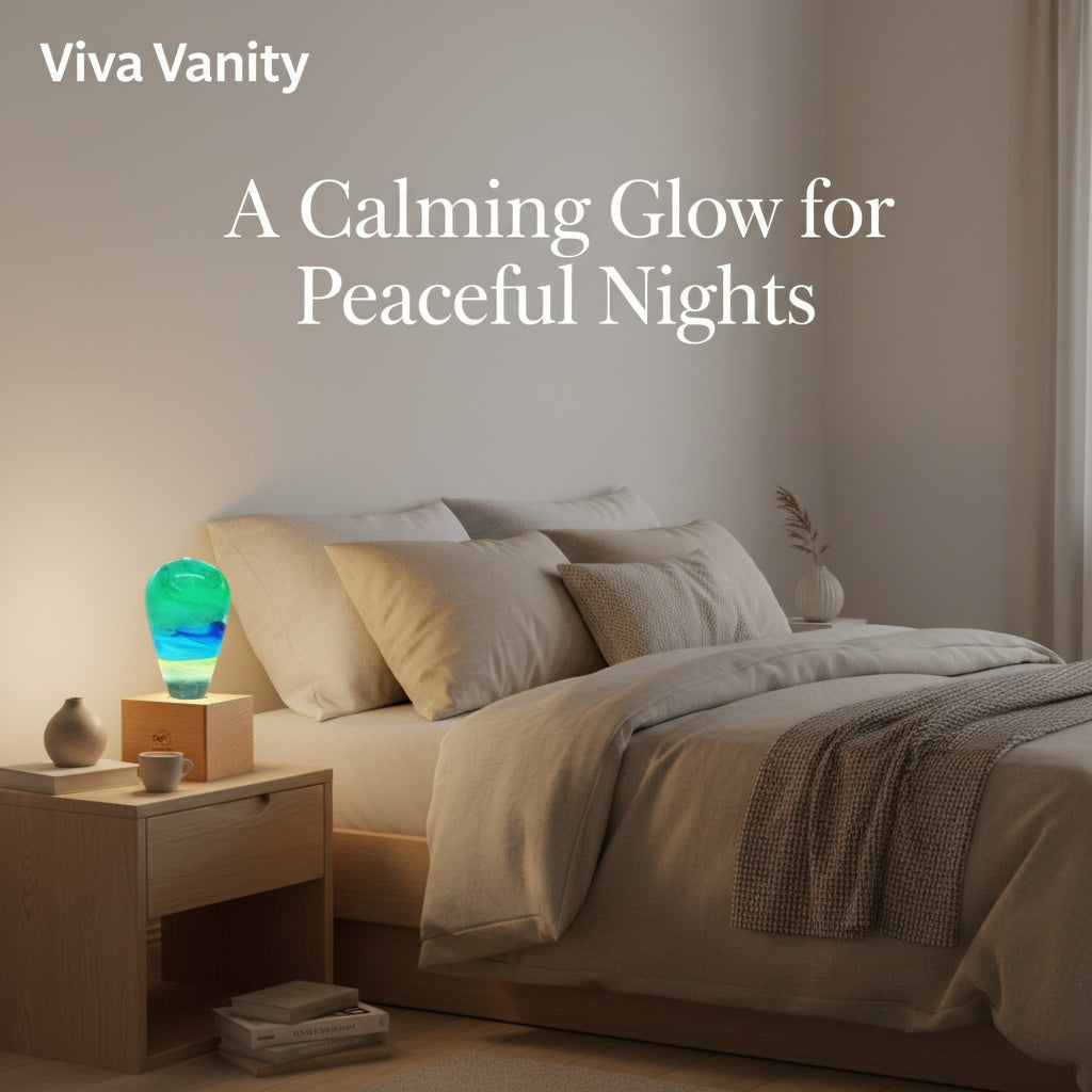 Colorful glass sculpture on a wooden base with a dark background