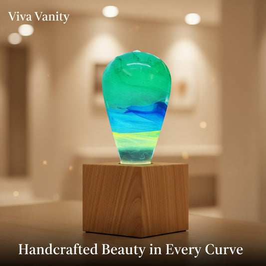 Colorful glass sculpture on a wooden base with a dark background