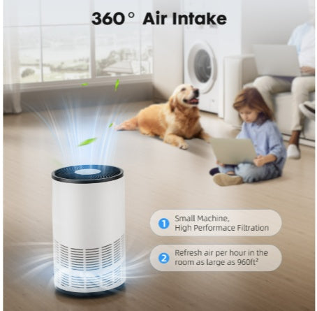 Air purifier with 360-degree air intake in a living room setting.