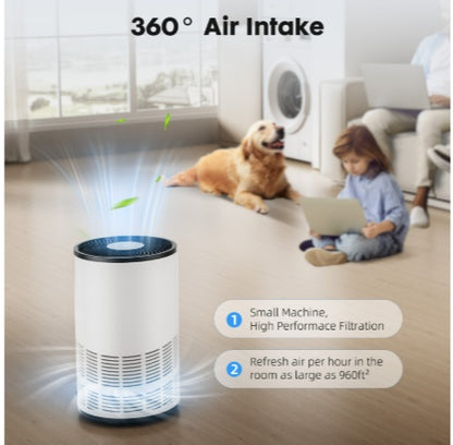 Air purifier with 360-degree air intake in a living room setting.