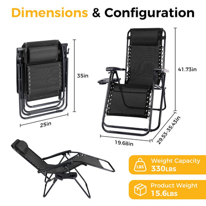 Black zero-gravity chair with dimensions and weight capacity information on a white background
