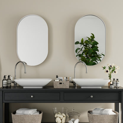 20x34 Inch Oval Recessed Metal Frame Bathroom Wall Cabinet with Mirror & Adjustable Shelves