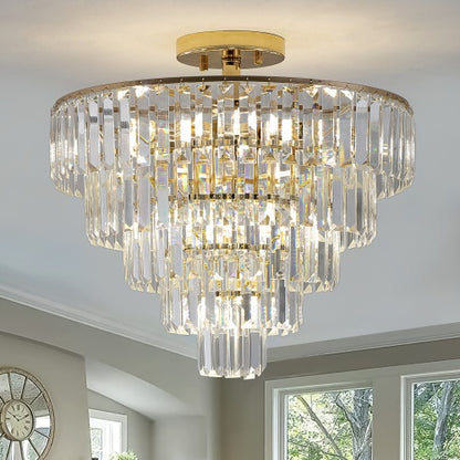 Golden Crystal Chandelier - 5-Layer Round Semi-Recessed Luxury Chandelier