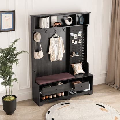 Black Hall Tree with Bench, Storage & Pegboard | Viva
