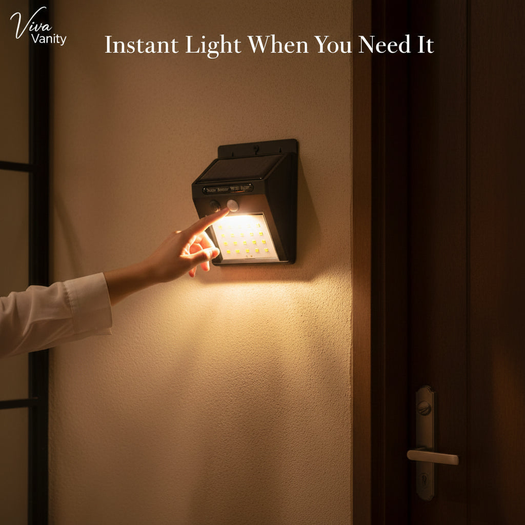 Solar sensor wall light with LED lights on a white background