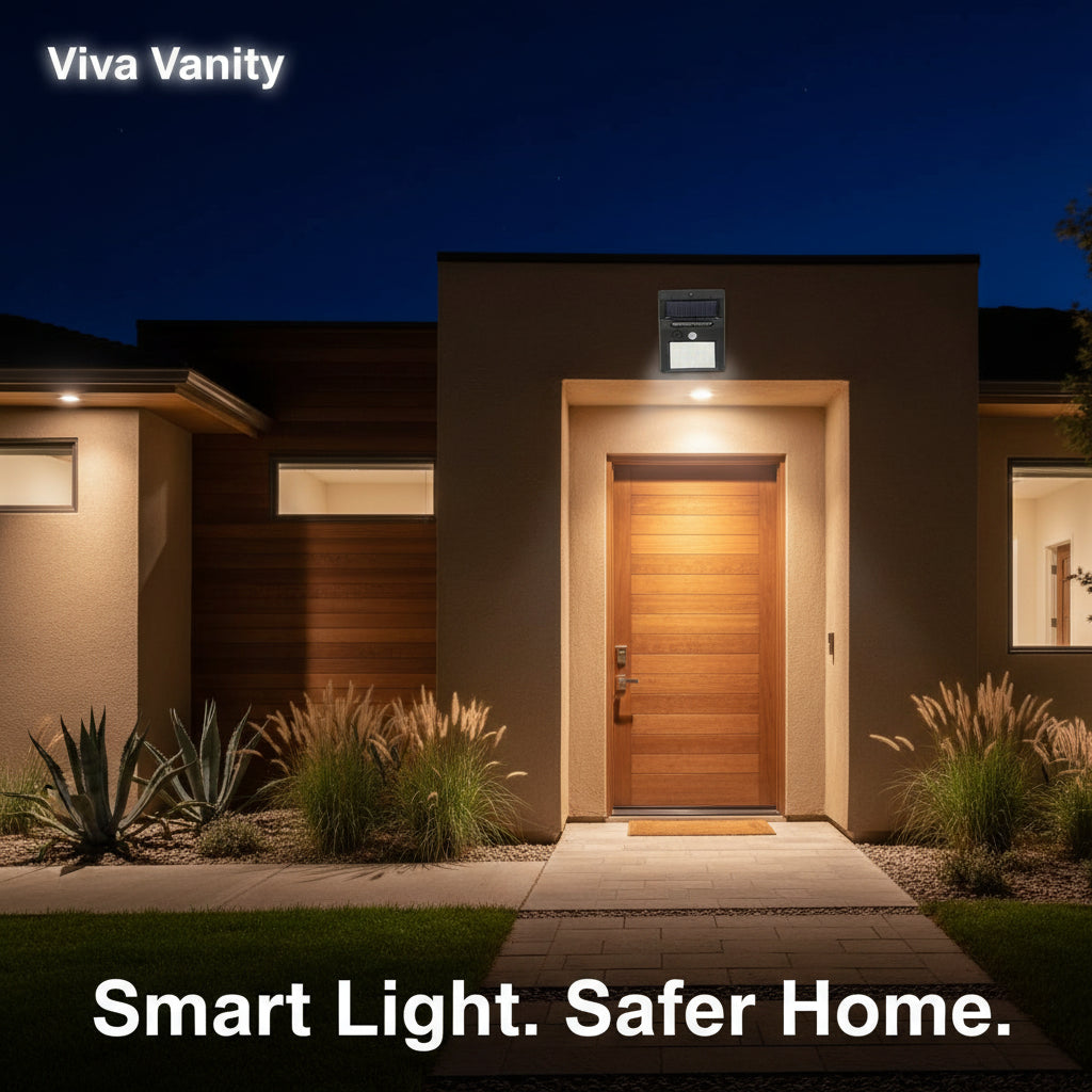 Solar sensor wall light with LED lights on a white background