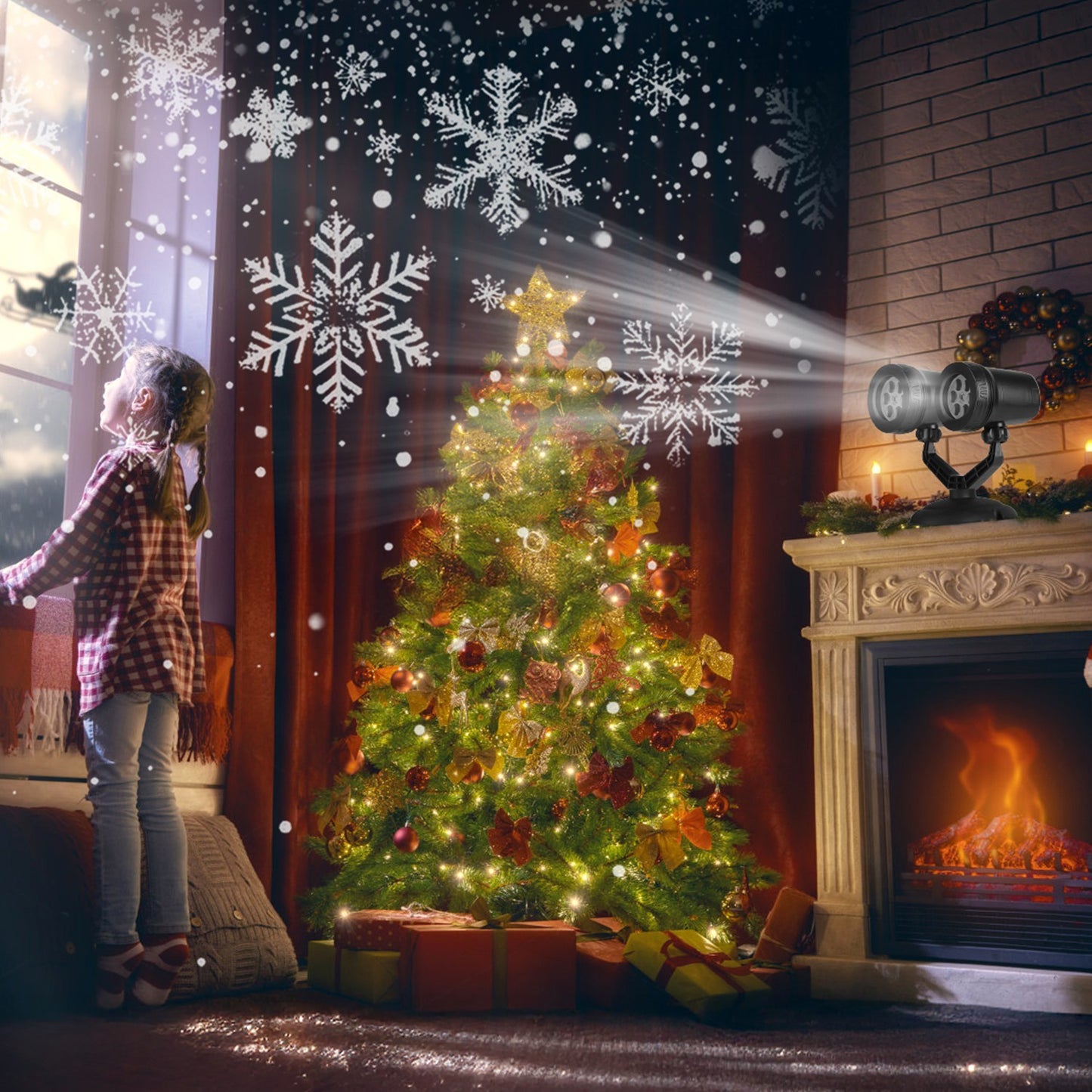 Woman projecting snowflakes onto a Christmas tree with a fireplace in the background