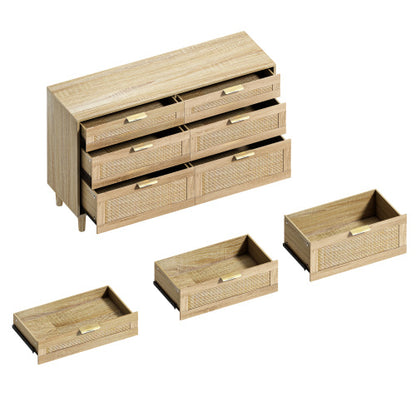 Rattan Dresser With Drawers, 6 Drawer Dresser For Bedroom, Clothes Storage Cabinet For Bedroom, Metal Handle&Wood Legs For Hallway, Living Room, Bedroom,Natural