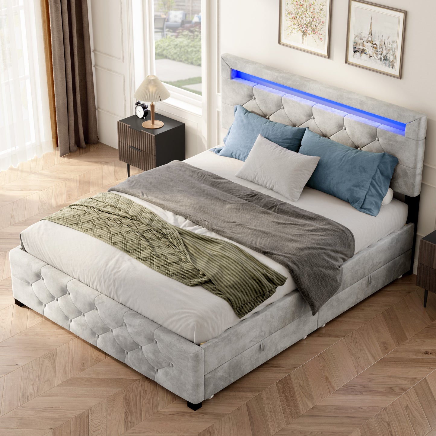 Upholstered Platform Storage Bed Frame With 4 Drawers And LED Light,No Box Spring Needed