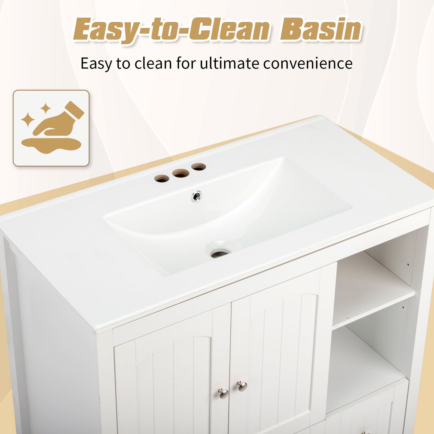 White MDF Painted Double Door Double Drawer With Masking Strip Basin Cabinet 91x46x82cm