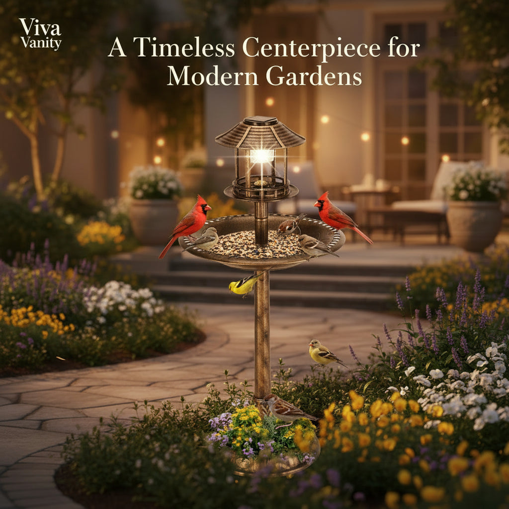 Decorative bird bath with birds and flowers on a white background