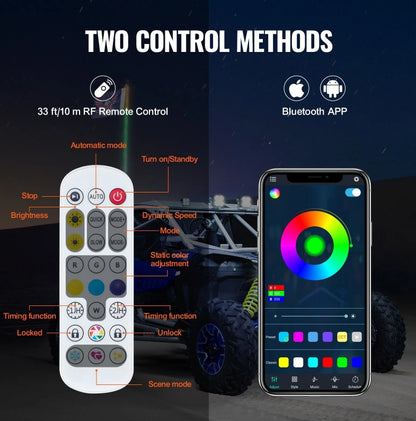2 Pcs 3FT LED Whip Light with Spring Base – Ultimate RGB Chasing Lights for UTVs, ATVs, and More!