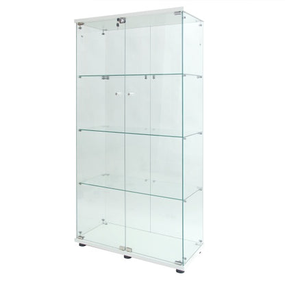 Two-door LED Lights Glass Display Cabinet 4 Shelves With Door, Floor Standing Curio Bookshelf For Living Room Bedroom Office, 64.7x31.7x14.3, White