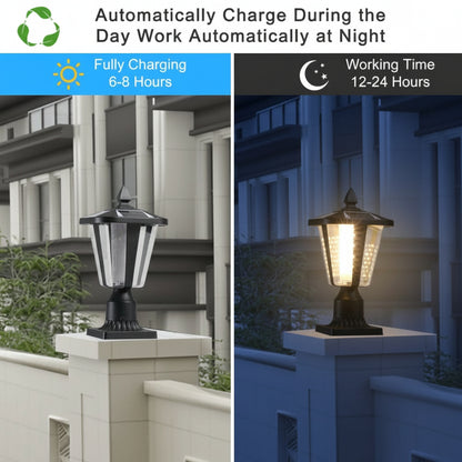 Outdoor lamp post with charging and working time text overlay