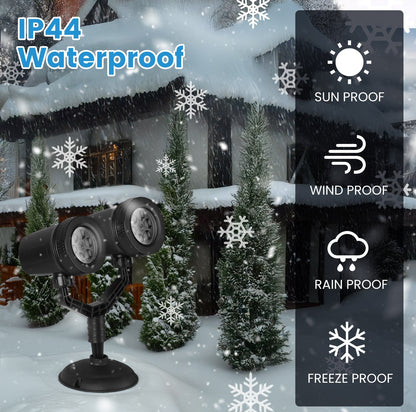 Outdoor light fixture with snowfall effects and waterproof features displayed.
