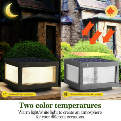 Two solar-powered outdoor lights with text highlighting color temperatures and features.