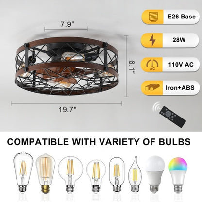 Viva Elite Farmhouse Cage Ceiling Fan with Light - 20" Black Semi-Flush with Remote