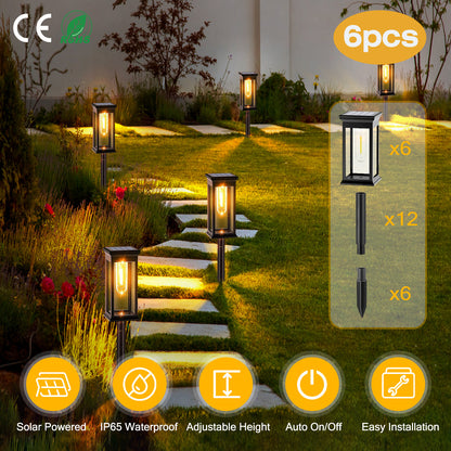 Solar-powered outdoor lights illuminating a garden pathway with product details overlay.