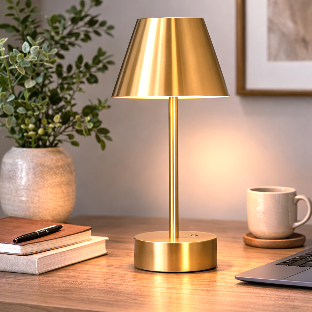 Rechargeable brass table lamp in gold finish with touch control on the base