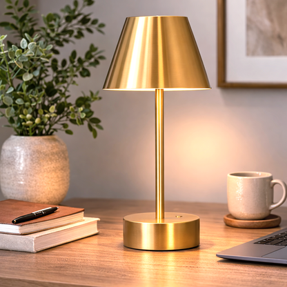 Rechargeable brass table lamp in gold finish with touch control on the base