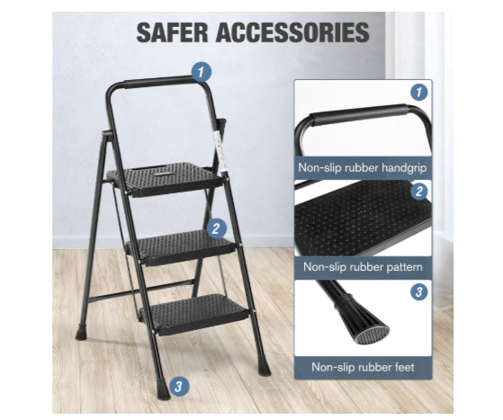 Step ladder with safety features highlighted on a light wood floor.