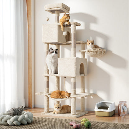 Cat tree with multiple cats on different levels in a bright room.