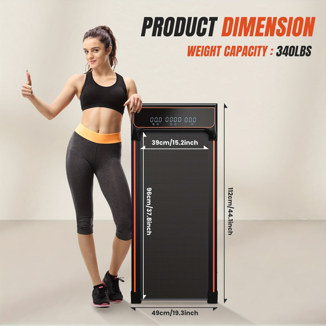 Woman standing next to a digital scale with dimensions and weight capacity displayed.
